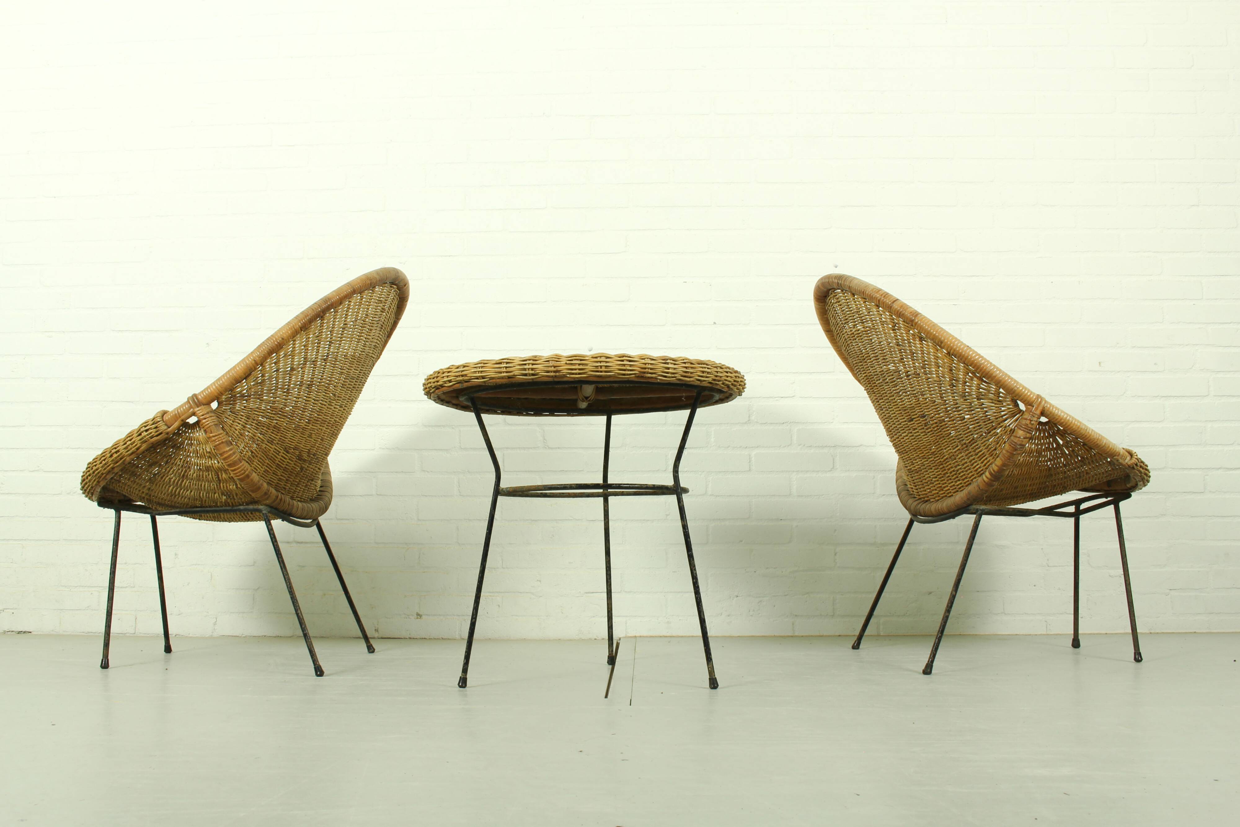 1950s Italian Rattan Basket Chairs & Matching Bistro Table Set