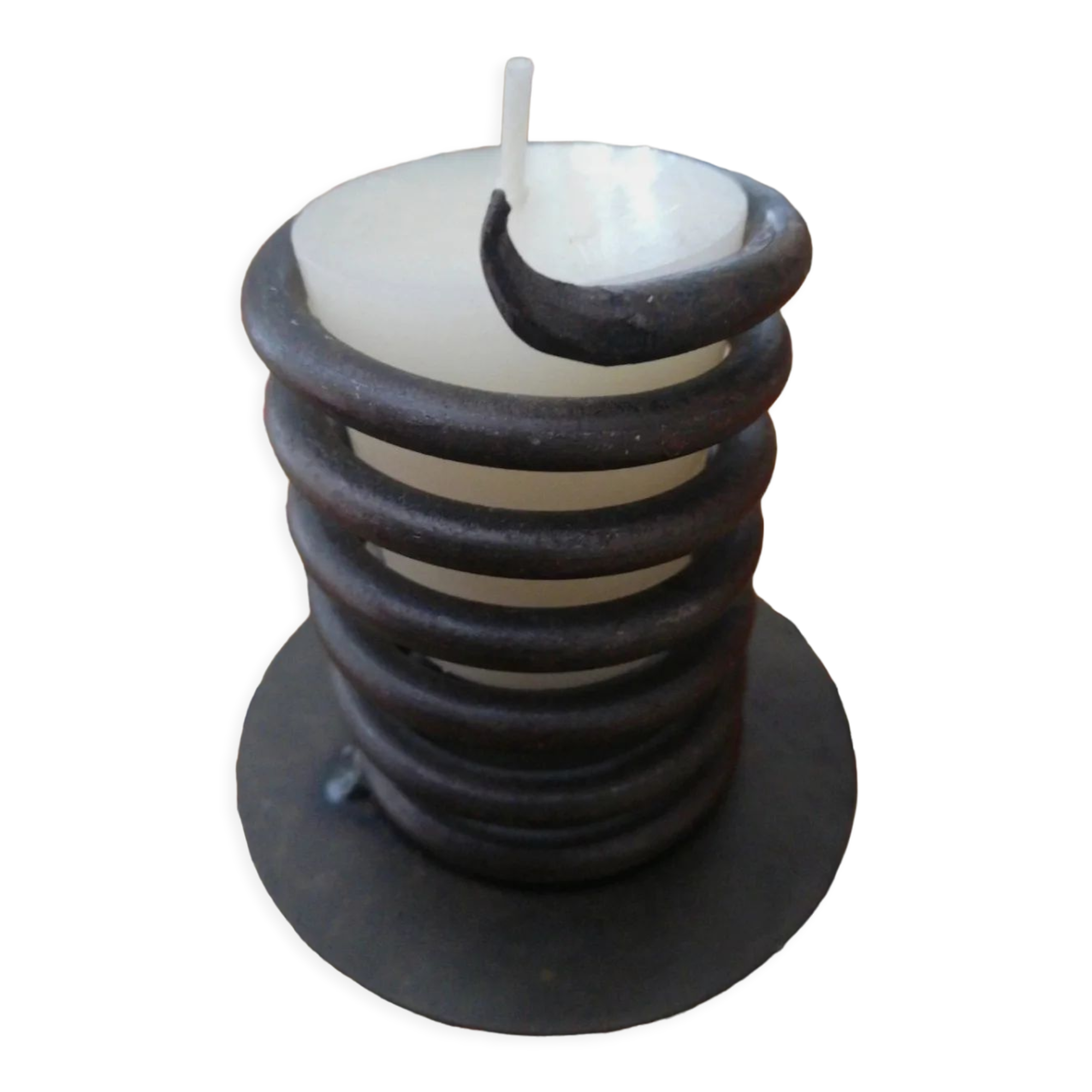 Spiral metal candle holder spring with candle, bronze appearance