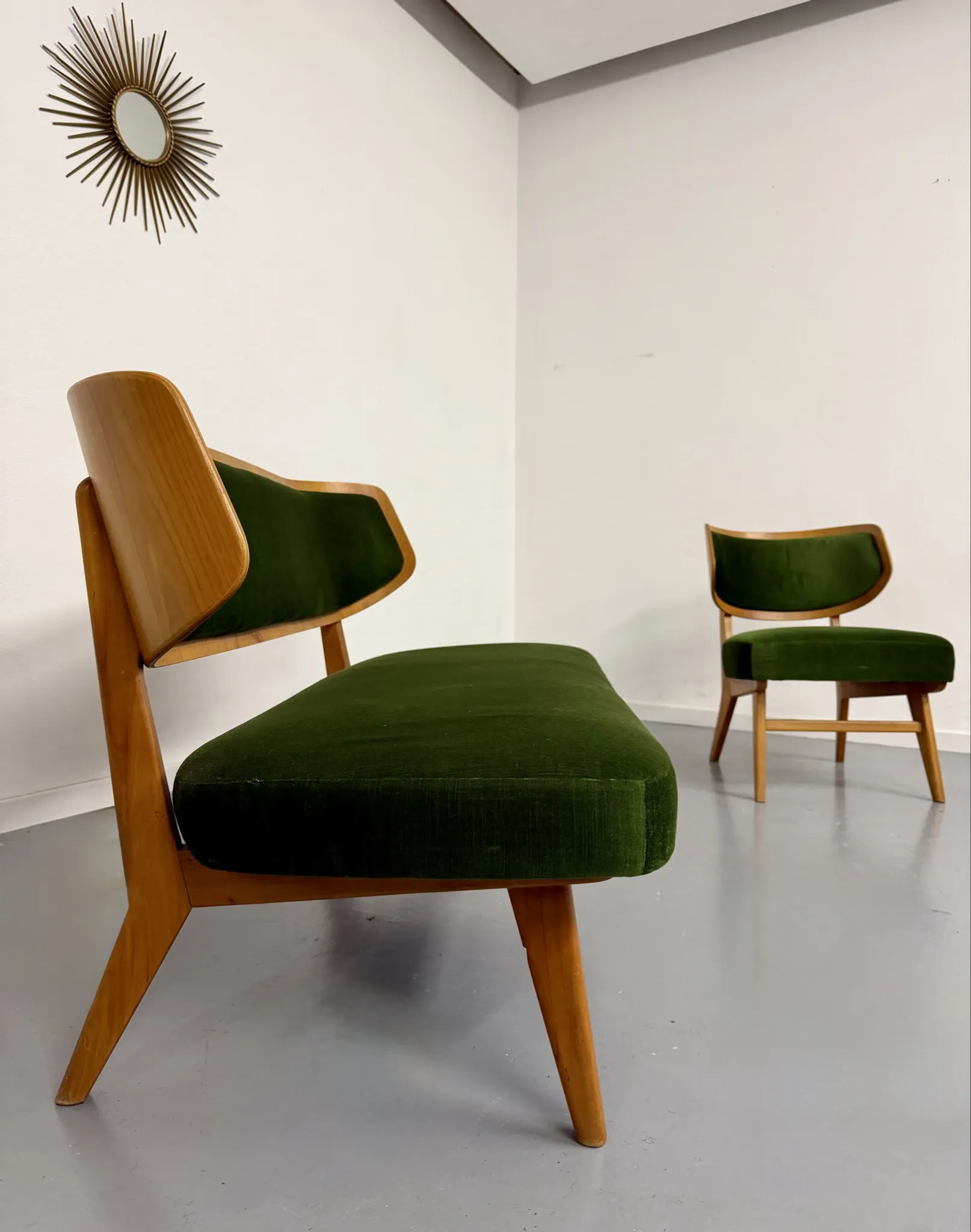 Sofa and armchair designed by Herta-Maria Witzemann, moulded wood, 1960s.