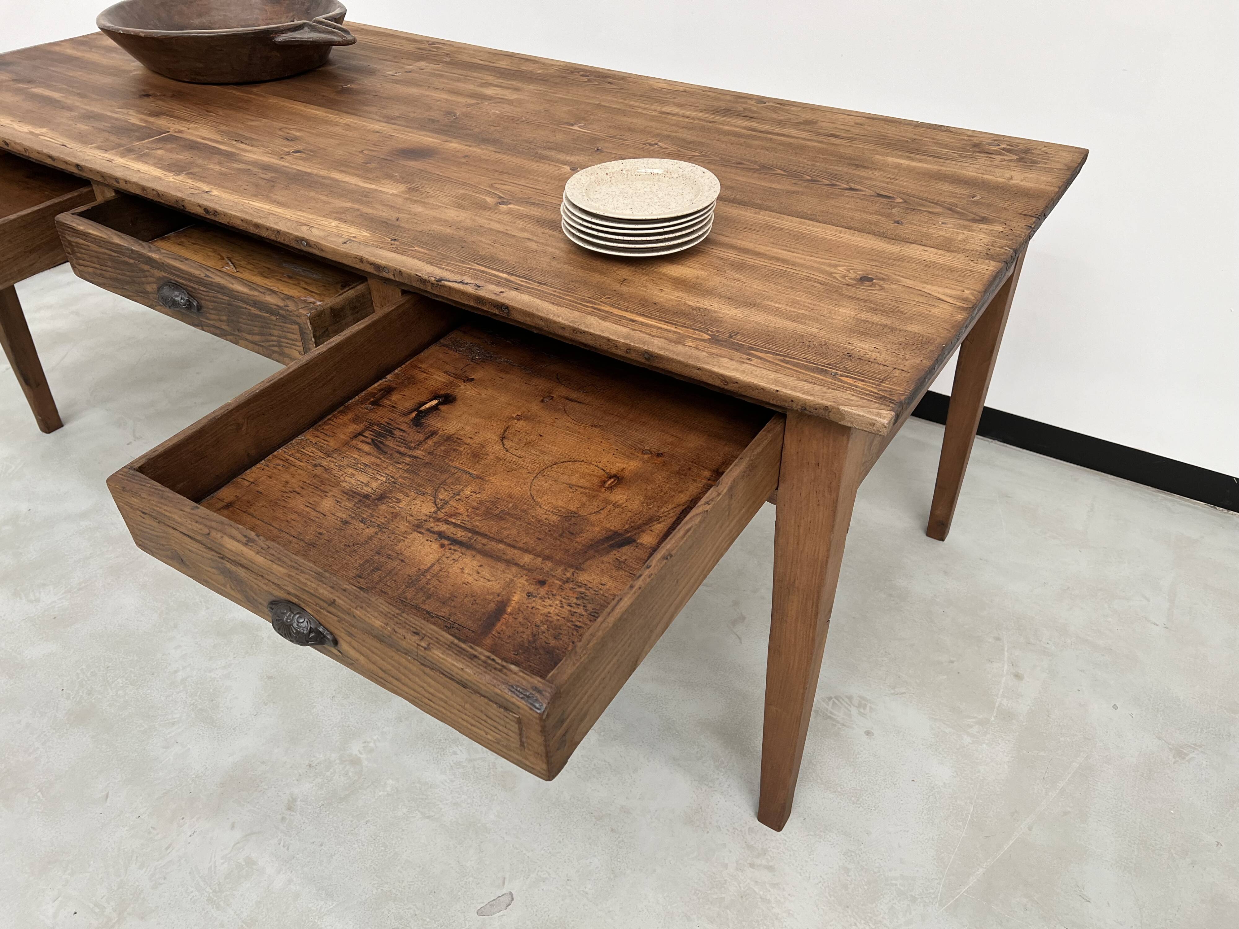 Antique farm table, fully restored, with 3 drawers