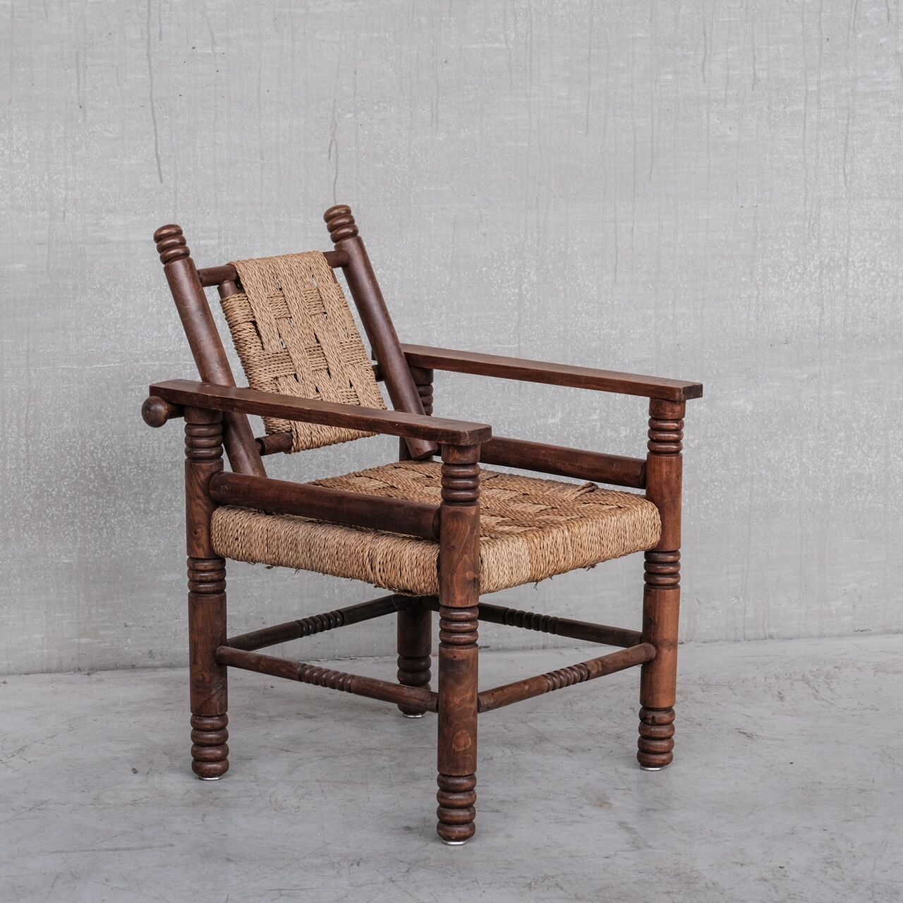 French Art Deco Cord and Oak Armchair