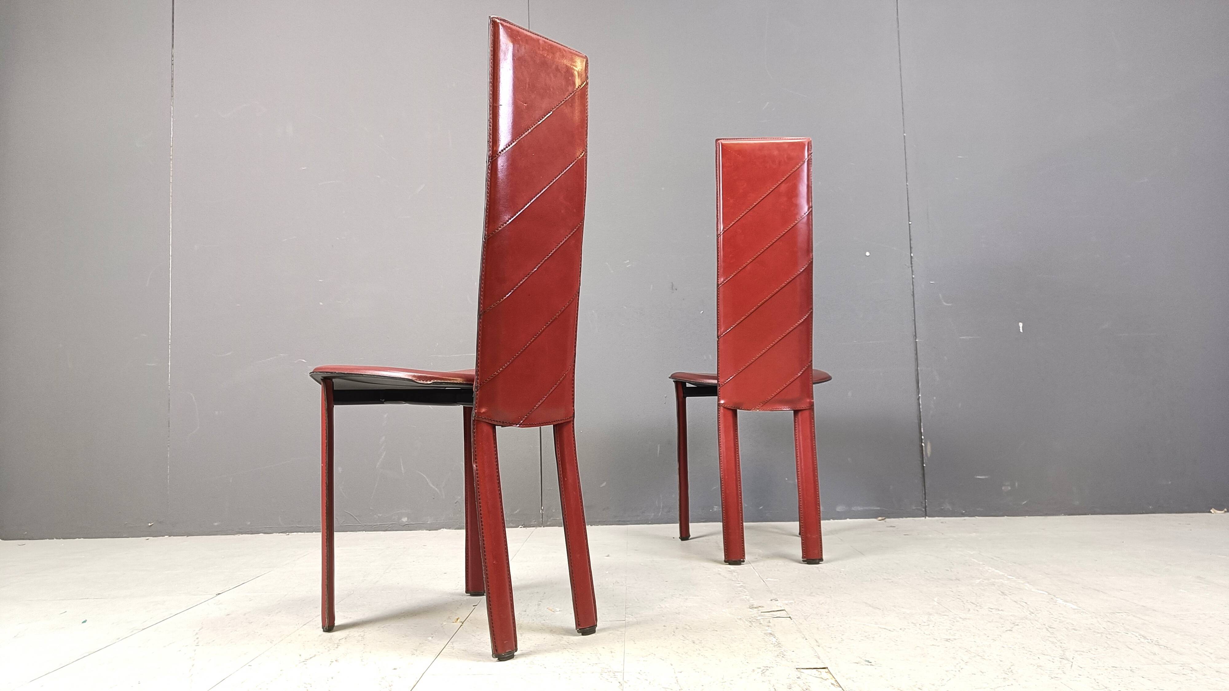 Vintage Italian red leather high-back dining chairs, set of 6, 1980s.
