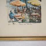Lithograph gilded frame Paris place du Tertre vintage