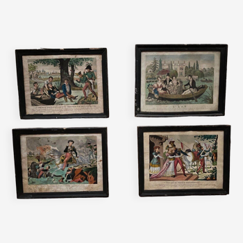 Suite of 4 19th century color engravings of battle and romantic scenes