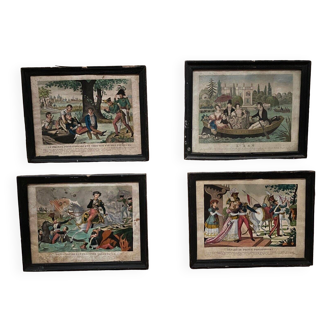 Suite de 4 gravure en couleurs XIXème, scènes de bataille et romantiques