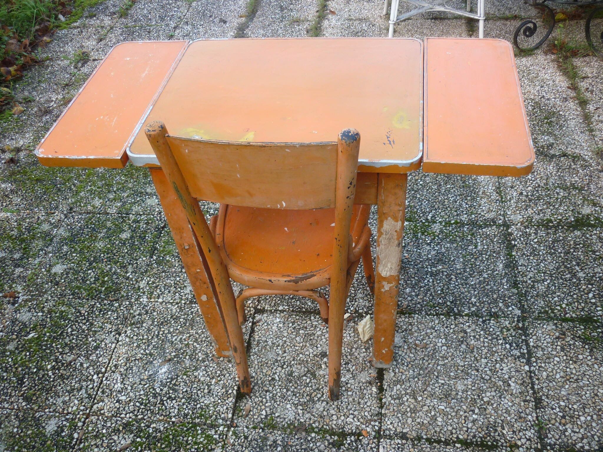 Table with extensions in wood and aluminum, ROC + 1 chair from the 50s