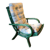 Large vintage green bamboo rattan armchair from Gâtinais with cushion
