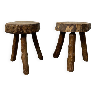 Pair of tripod stools in raw wood