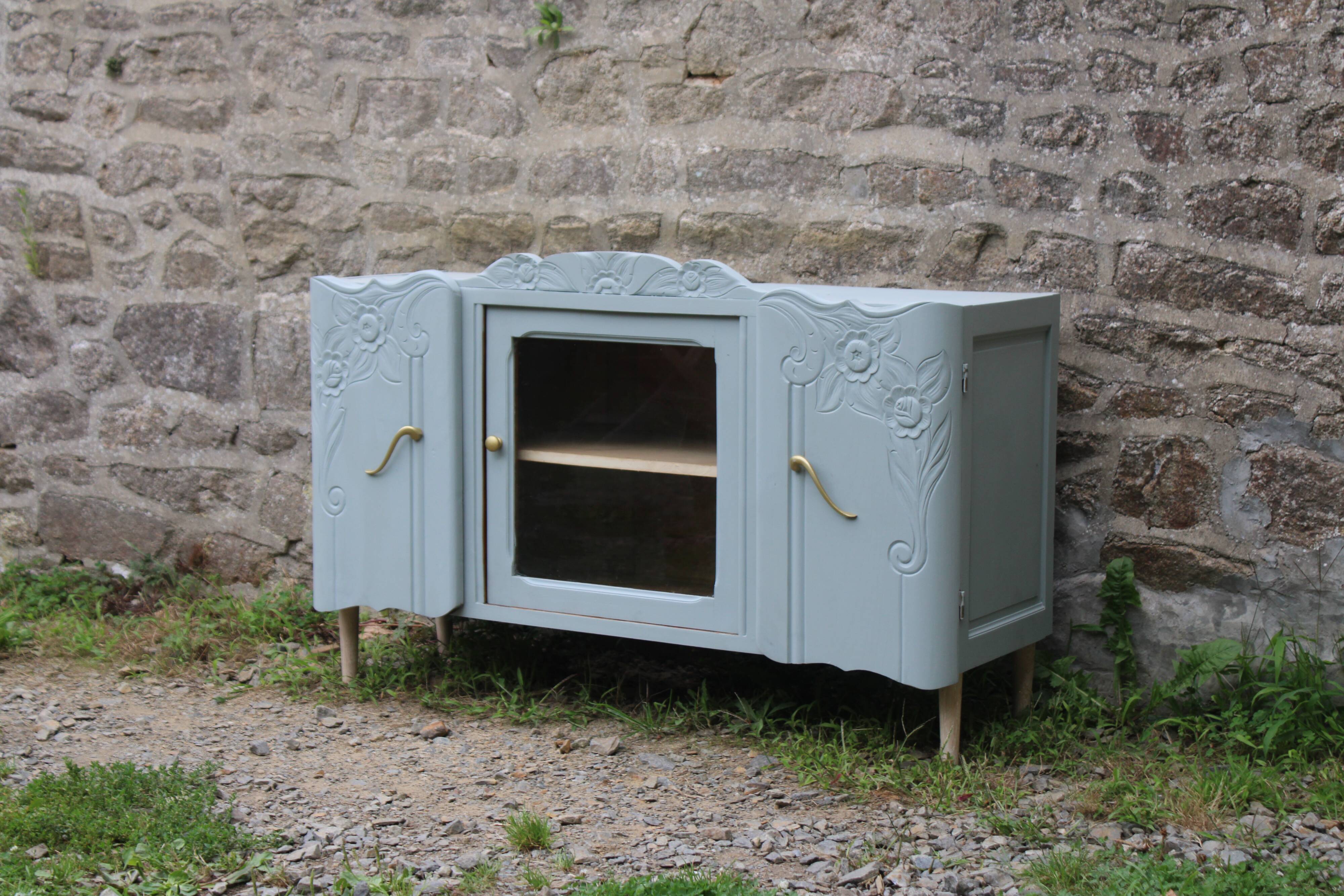 Renovated vintage low sideboard - Unique piece of furniture with floral moldings