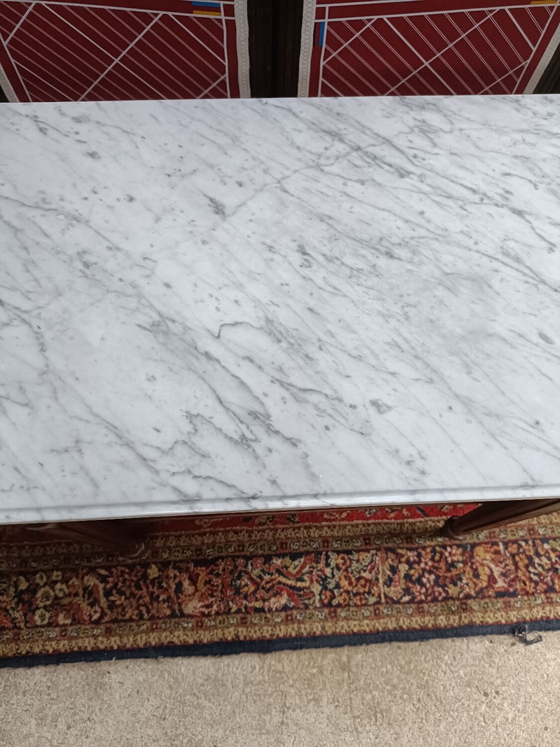 Louis XVI style half-moon console with veined white marble and drawer