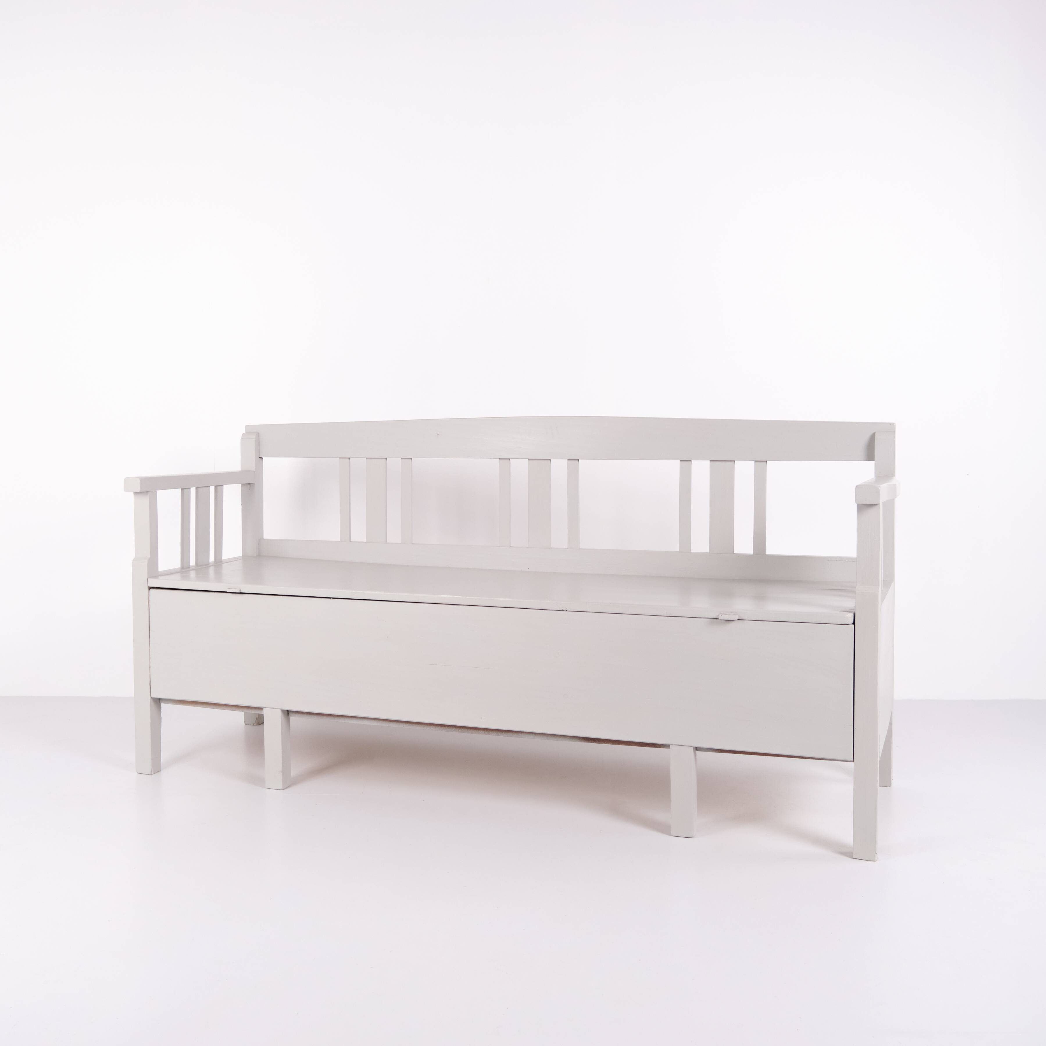 Antique storage bench – grey painted – pine wood – 1860s