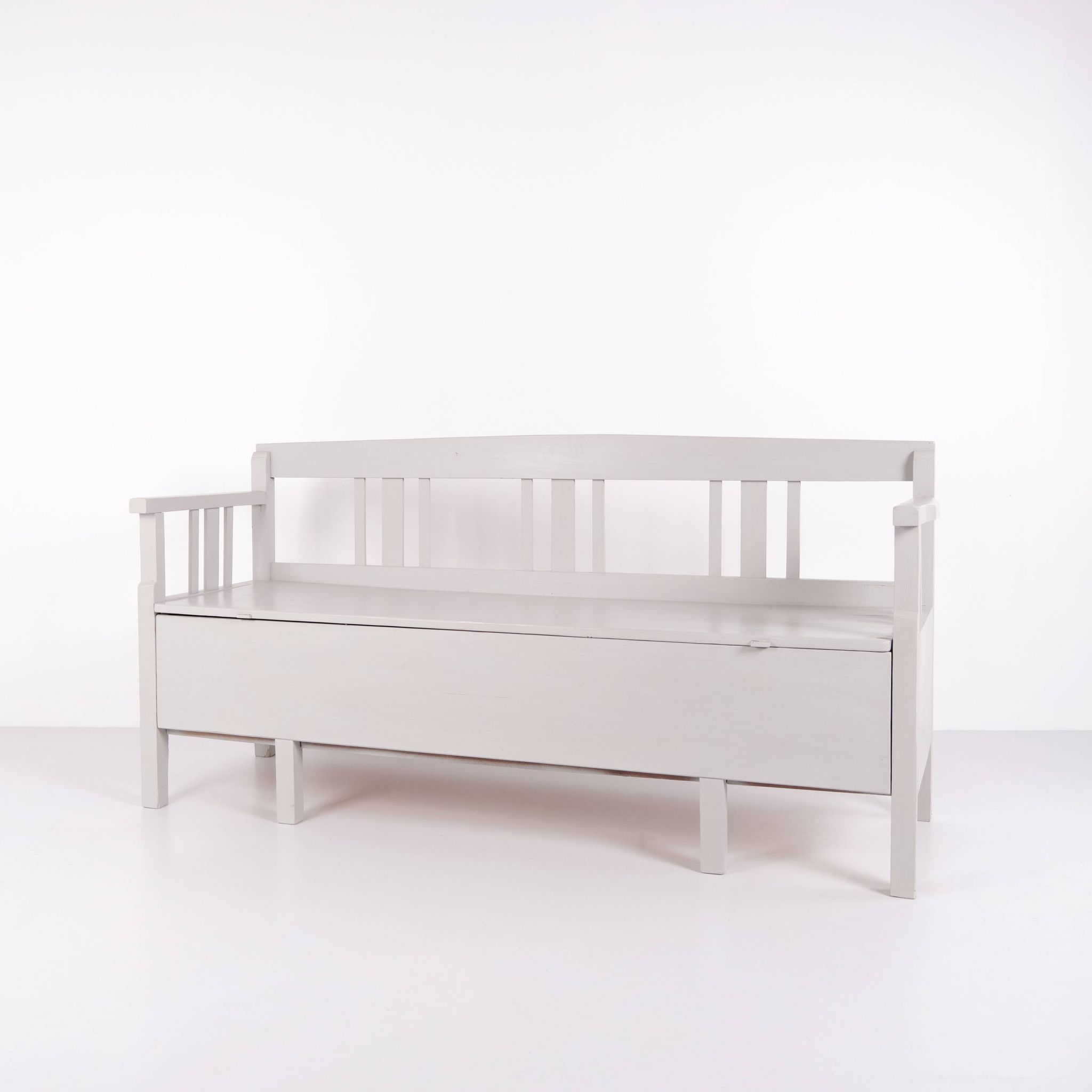 Antique storage bench – grey painted – pine wood – 1860s
