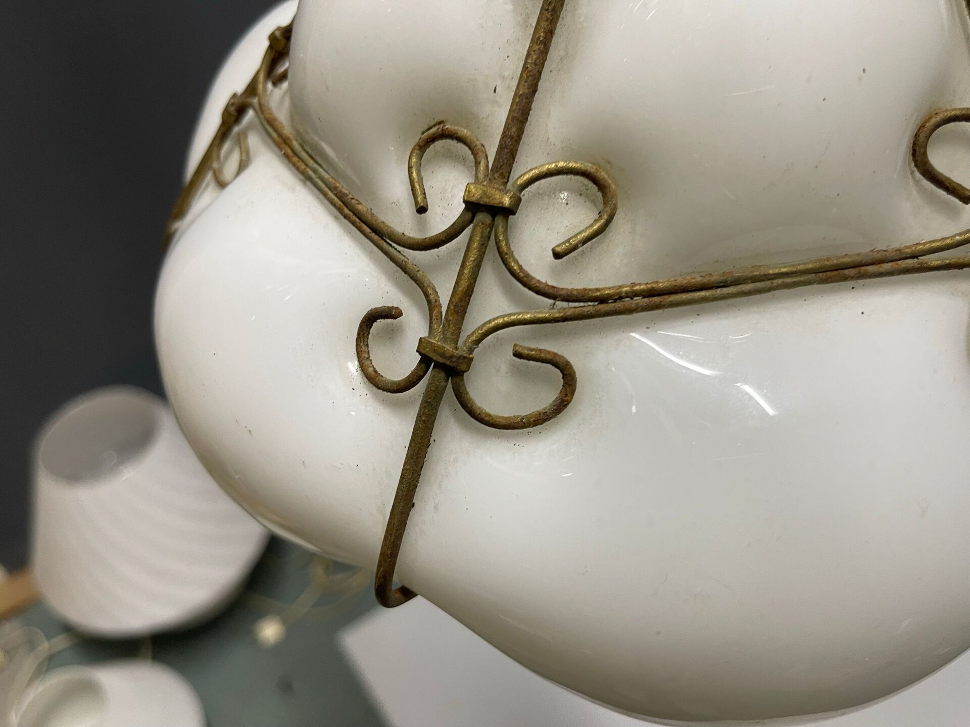 Murano Opaline Glass Pendant Light in Wrought Iron Frame, Italy, Mid-C