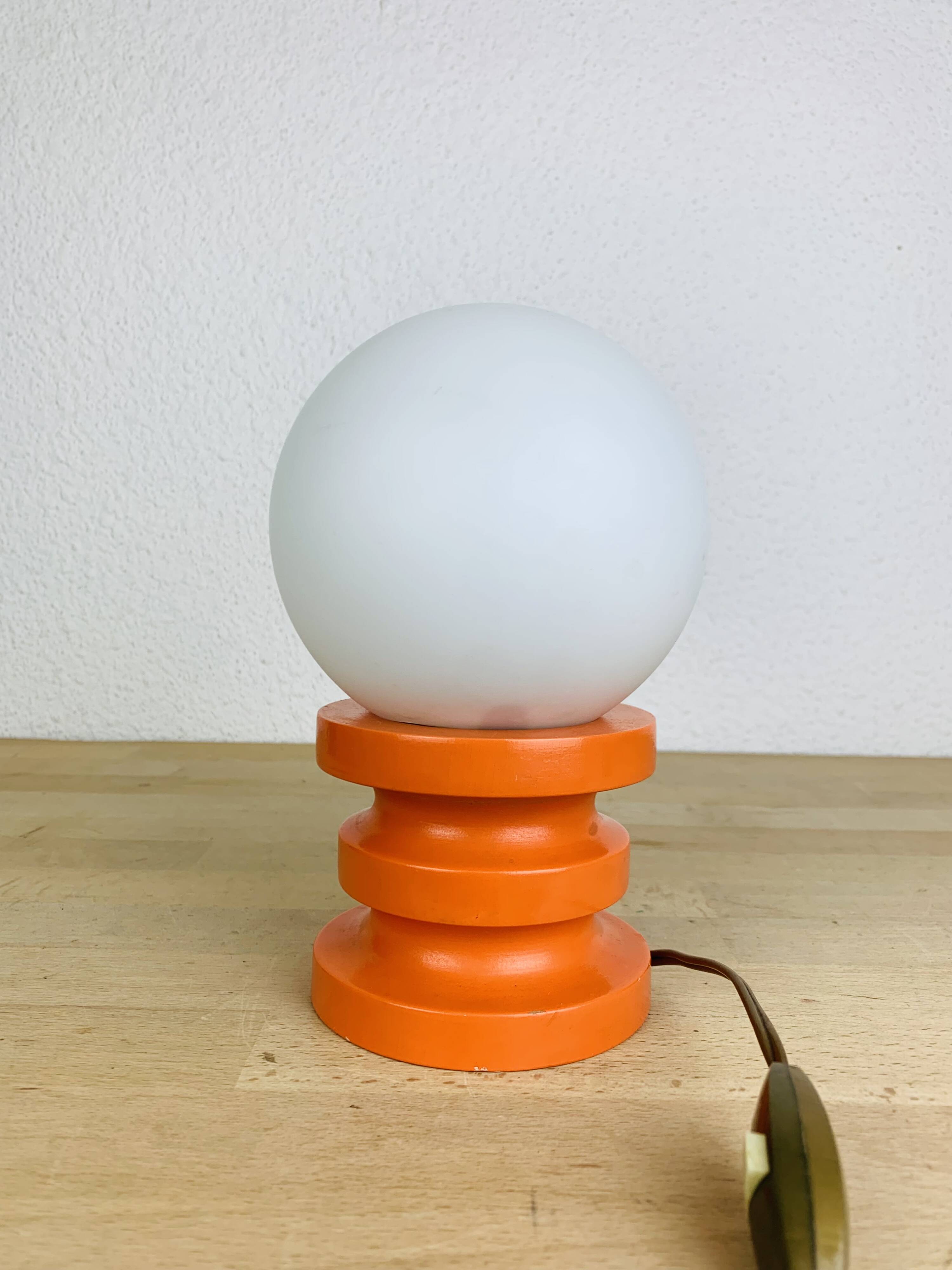 Space Age lamp in orange wood and opaline globe, 1970s