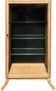 Restored antique oak display cabinet, black background, glass shelves.