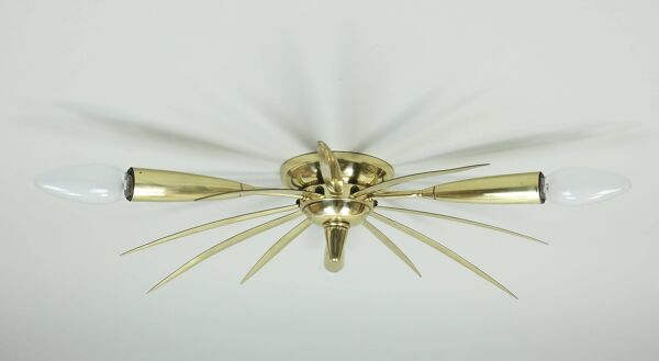 Plafonnier spoutnik à 3 lumières en laiton, milieu du siècle, années 1950