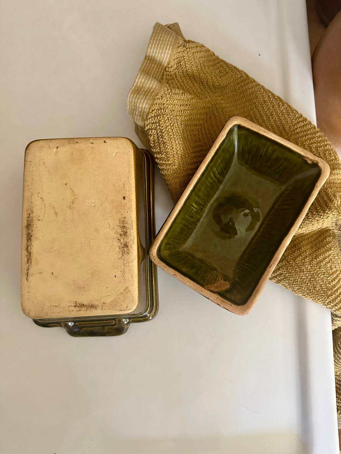 Vintage green majolica butter dish