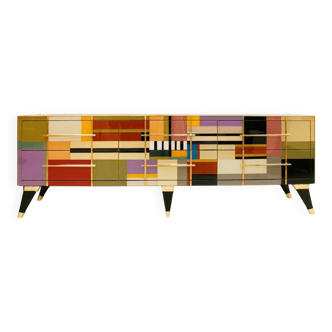 Mid Modern Style Italian Sideboard, Solid Wood & Colored Glass, Six Drawers