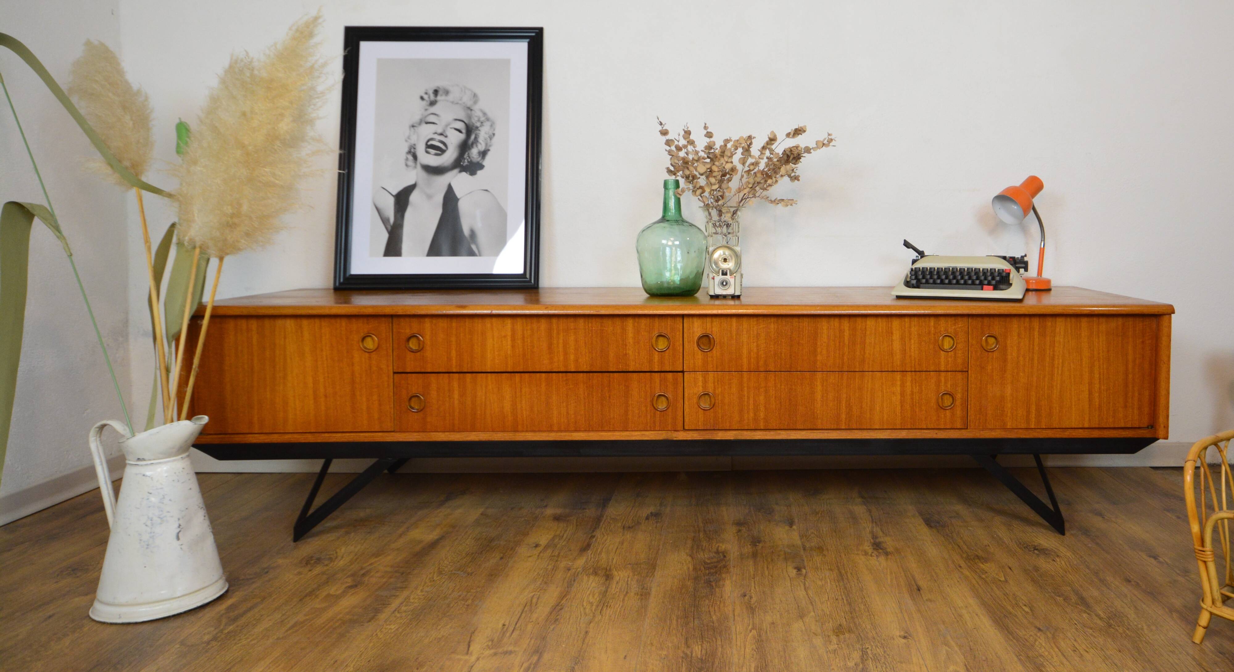 Low Scandinavian teak sideboard Metal