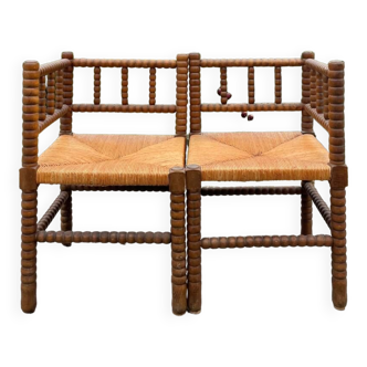 Pair of turned wooden corner armchairs