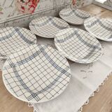 Set of 6 Gien France soup plates with blue checkered tea towel decoration