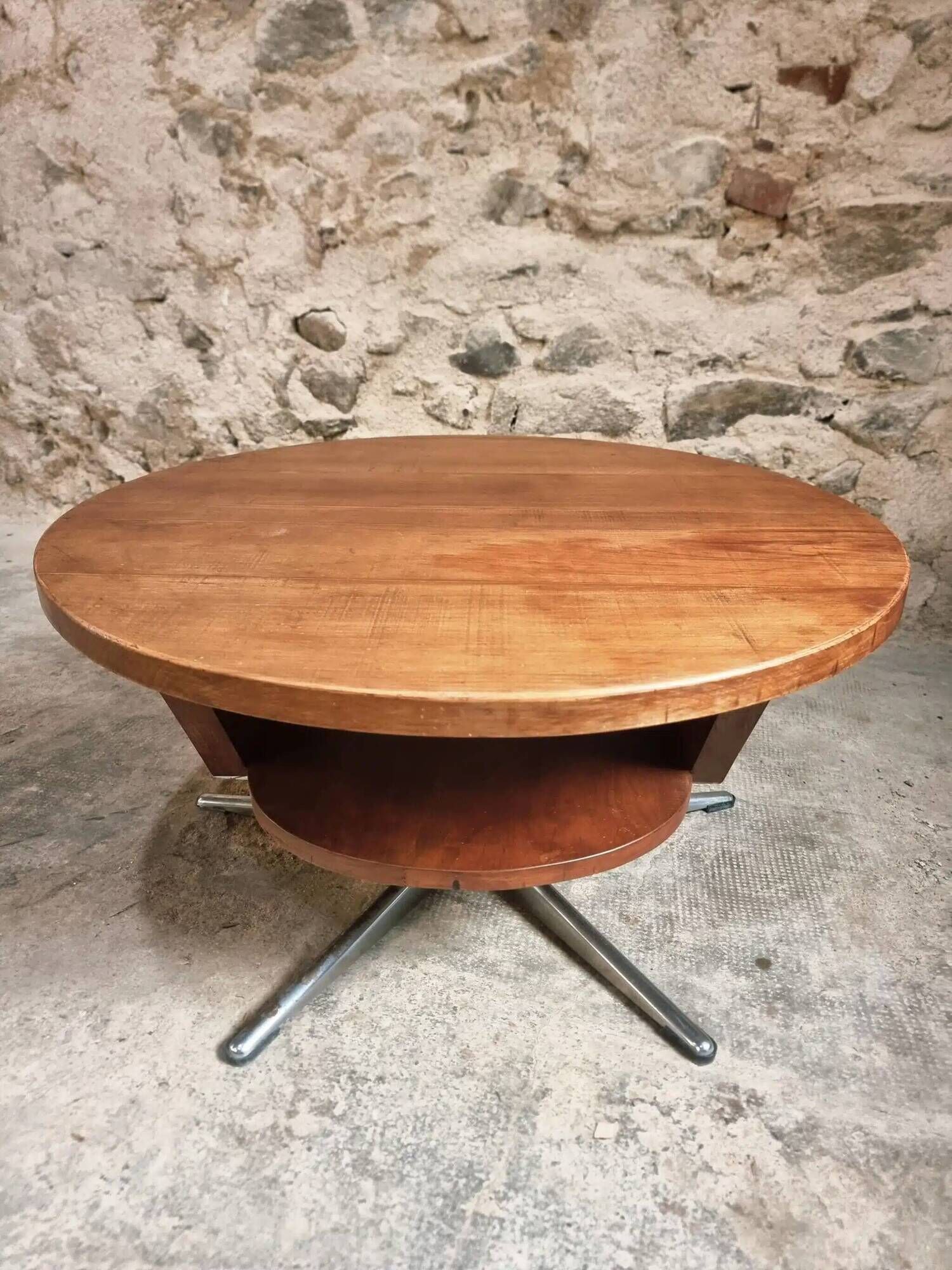 Vintage French Cherry Wood Coffee Table with Rotating Top - 1960s Round Shape on Iron Base Ø80cm