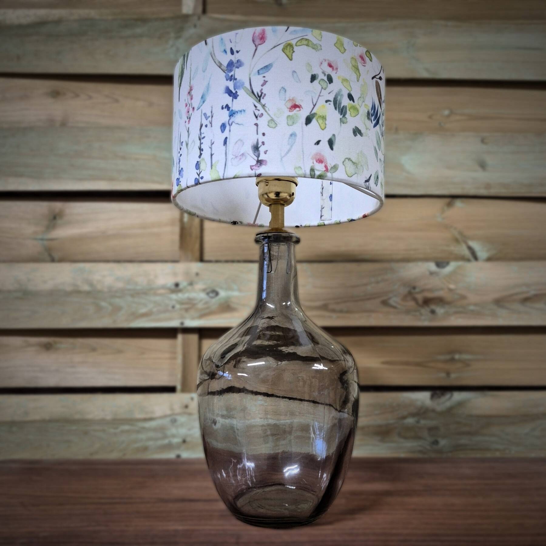 Table lamp, bedside lamp, smoked glass base and cylindrical lampshade
