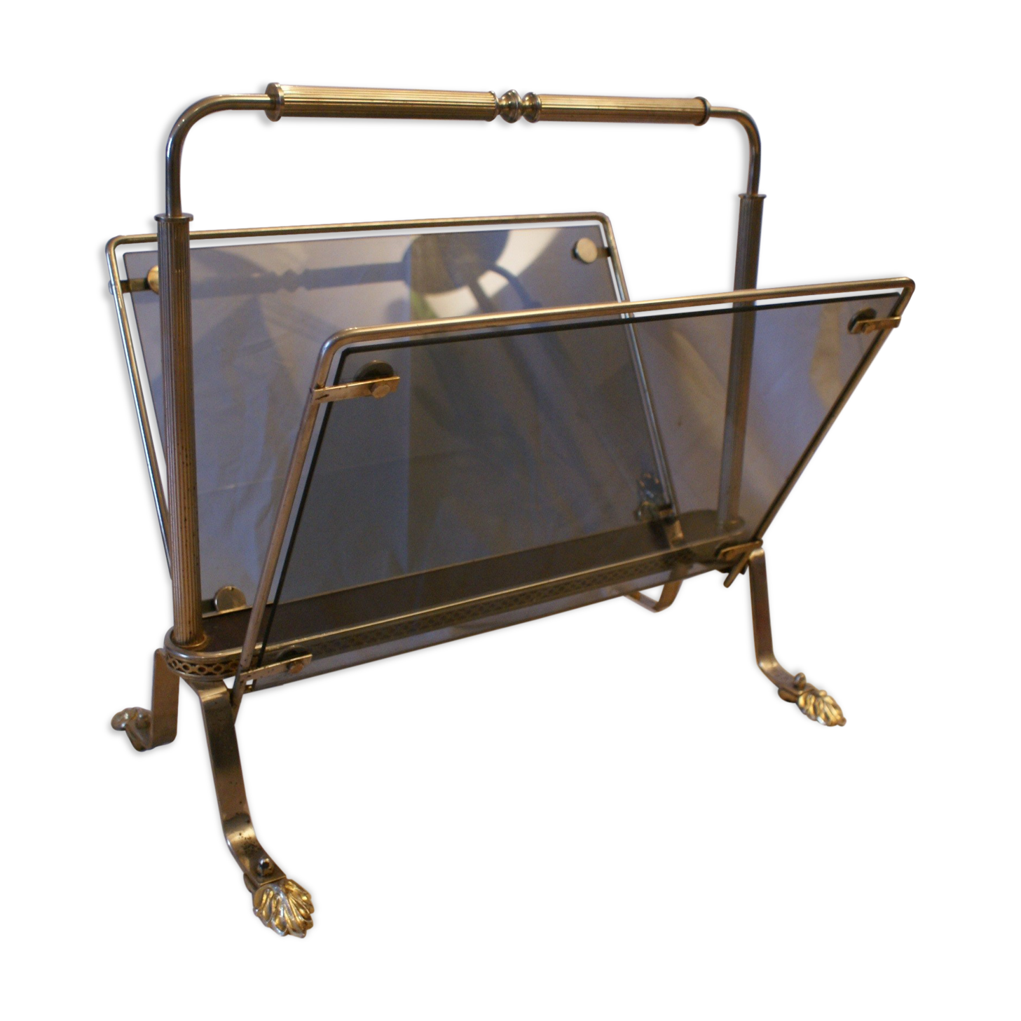 Vintage smoked glass and metal magazine rack