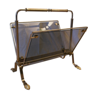 Vintage smoked glass and metal magazine rack