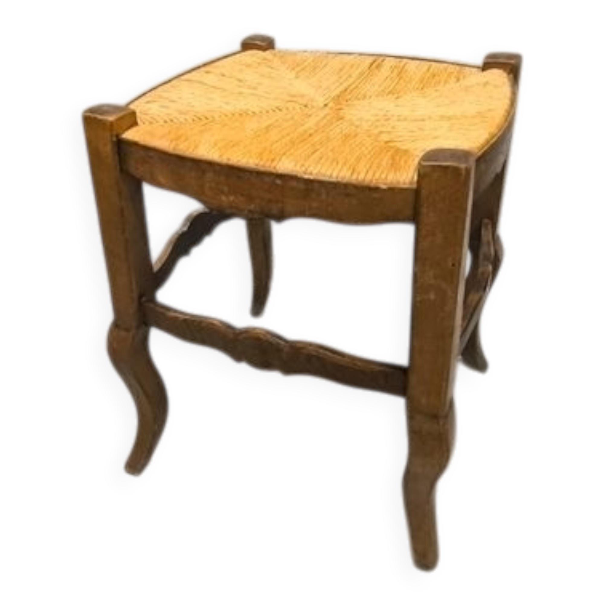 Rustic wooden stool with a straw seat.