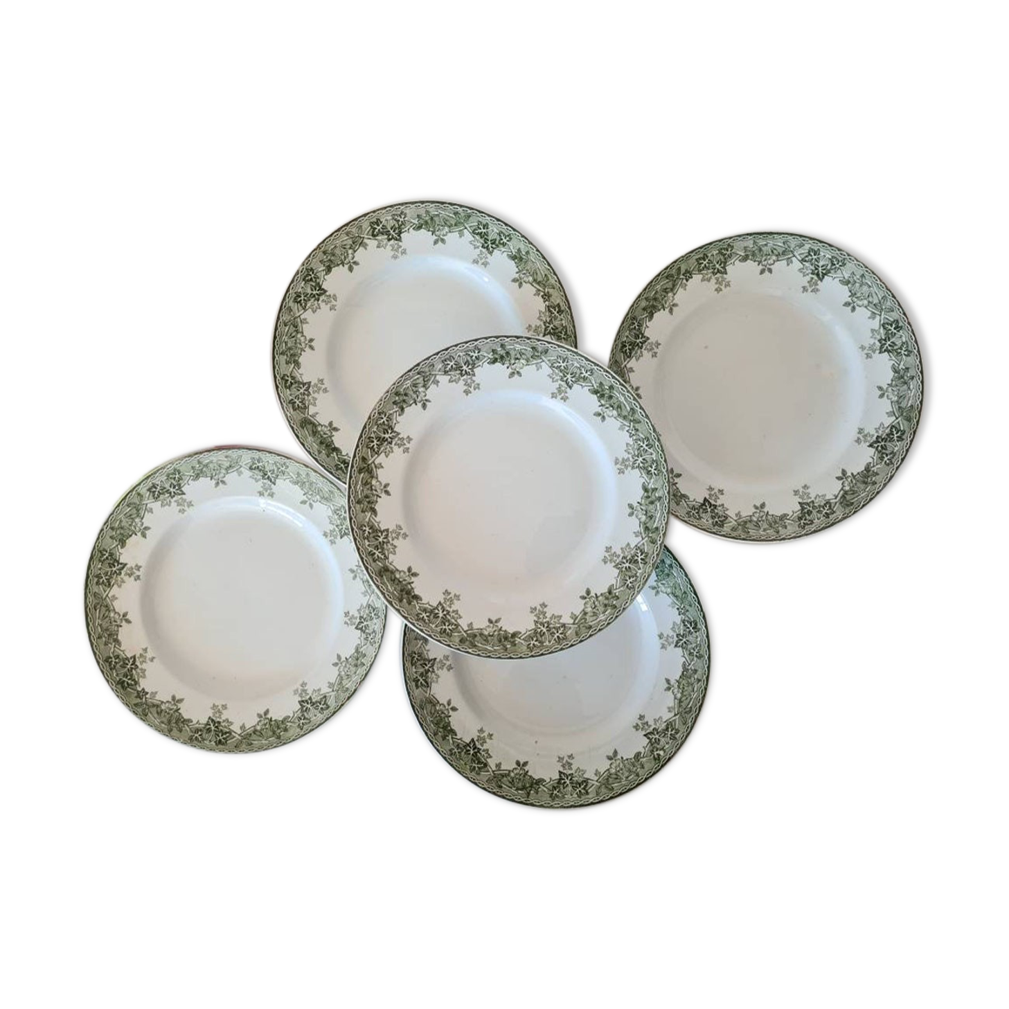 Lot de 5 assiettes plates anciennes en terre de fer modèle Estival de la manufacture française de Saint Amand
