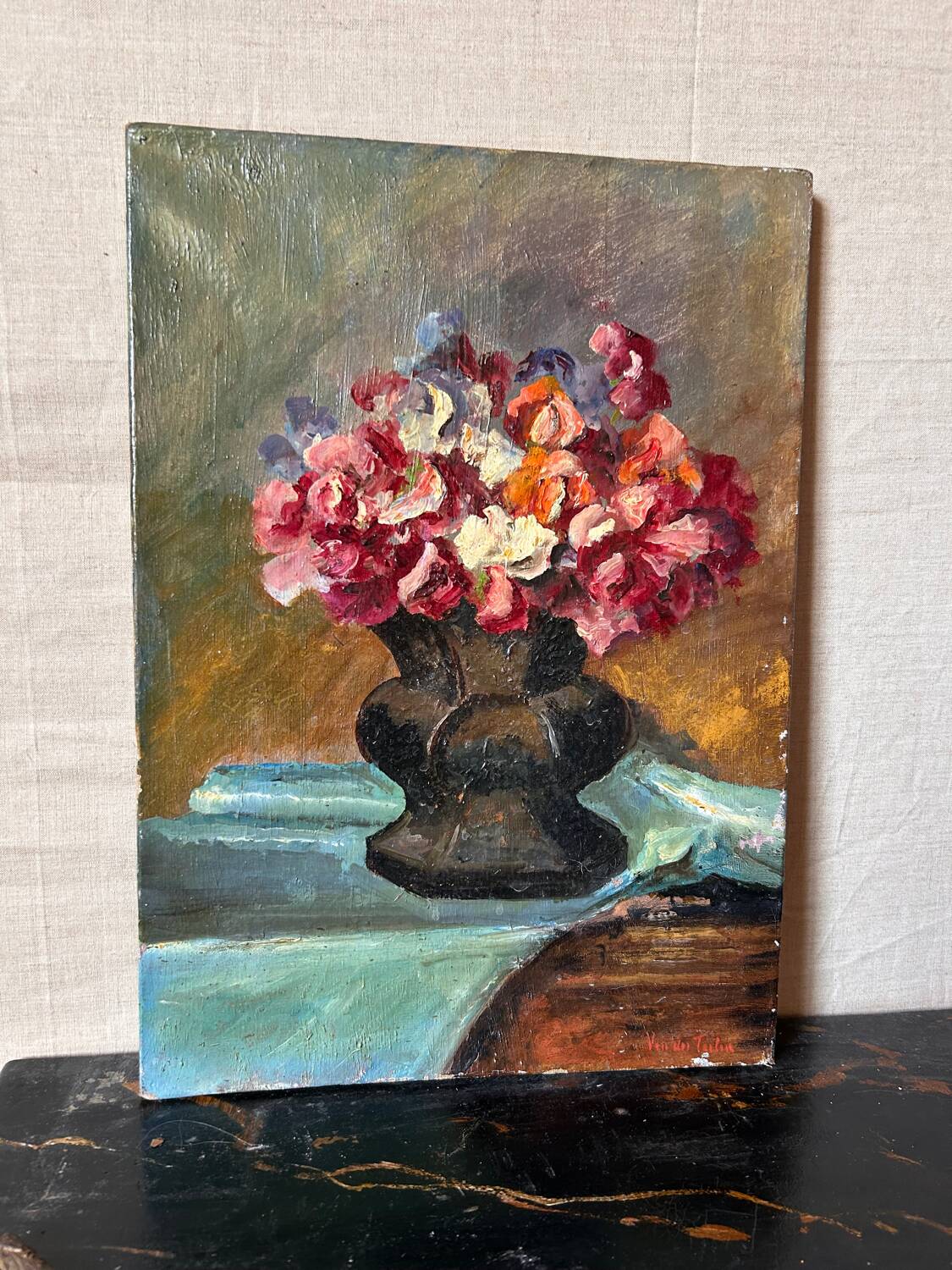 Old table still life with flowers oil painting