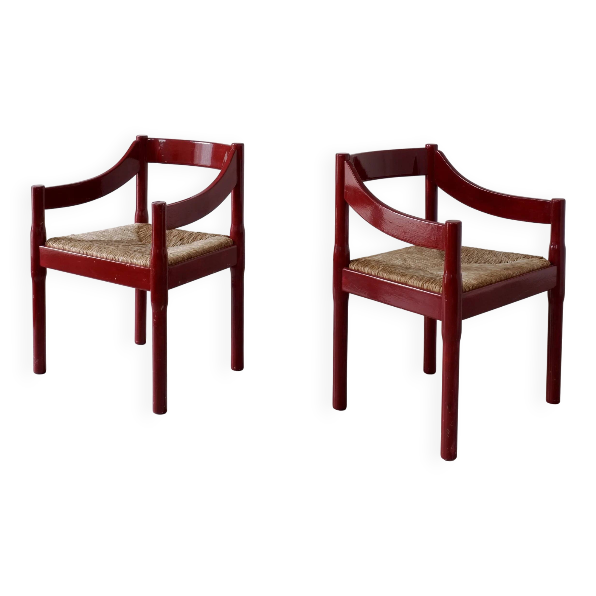 2 red Vico Magistretti “Carimate” style armchairs | Italy | 1970s