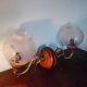 Wall lamps in wood and gilded metal, openwork glass lampshade