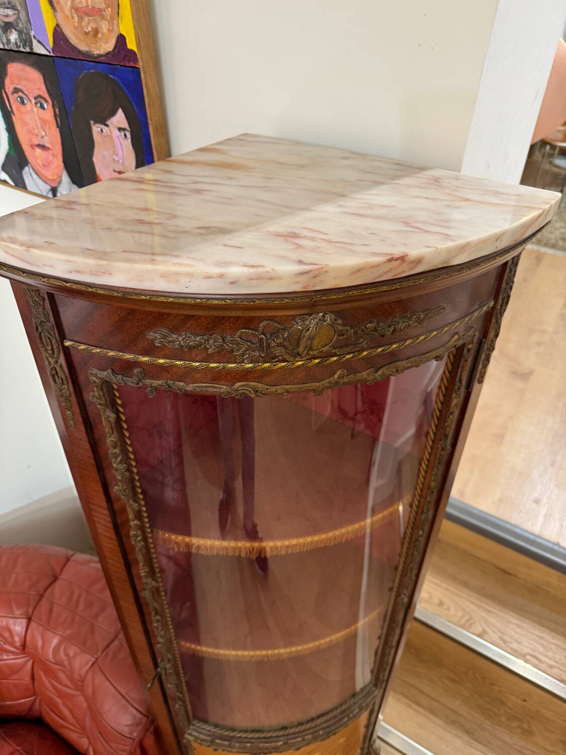 Corner display case in wood veneer with musical instrument marquetry