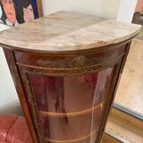 Corner display case in wood veneer with musical instrument marquetry