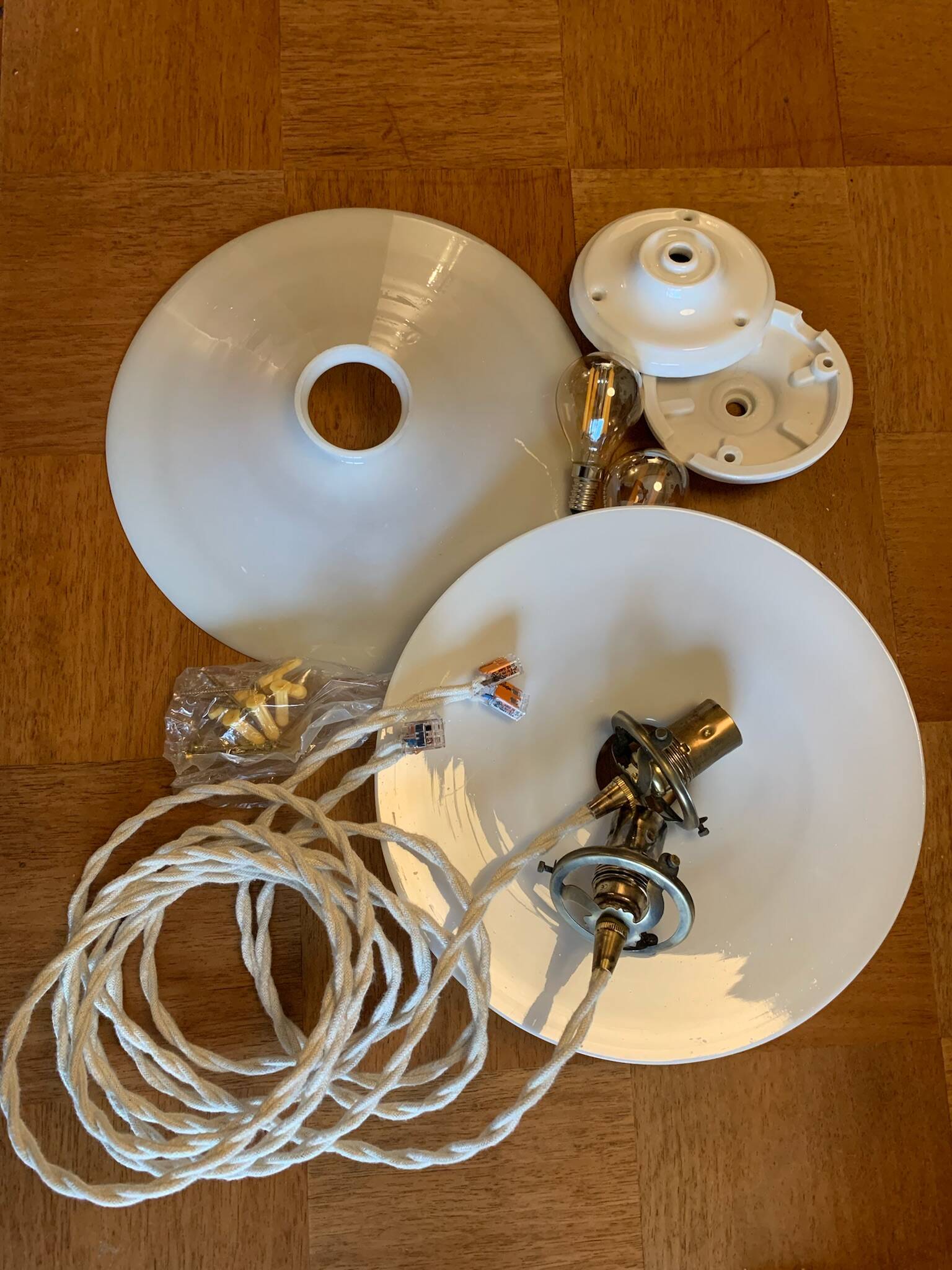 Pair of serrated opaline bistro pendant lights