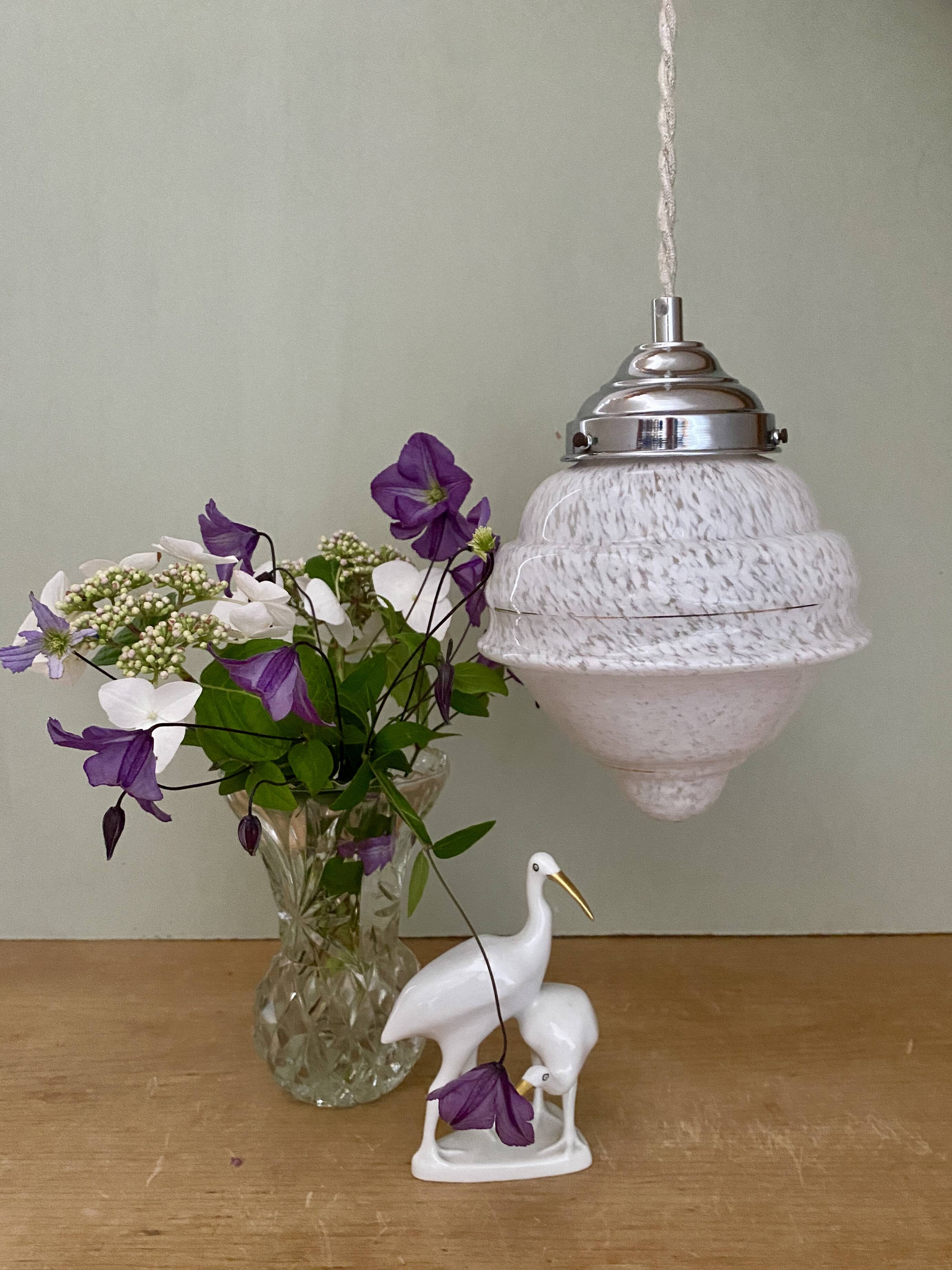 Vintage art deco globe pendant light in white Clichy glass