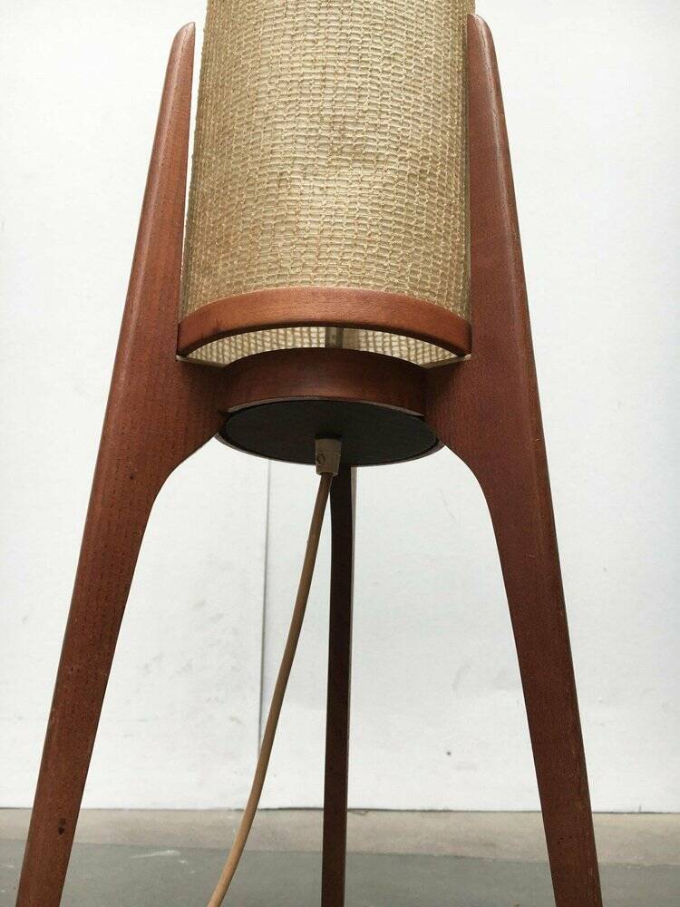 Mid-century tripod rocket floor lamp in teak, 1960s.
