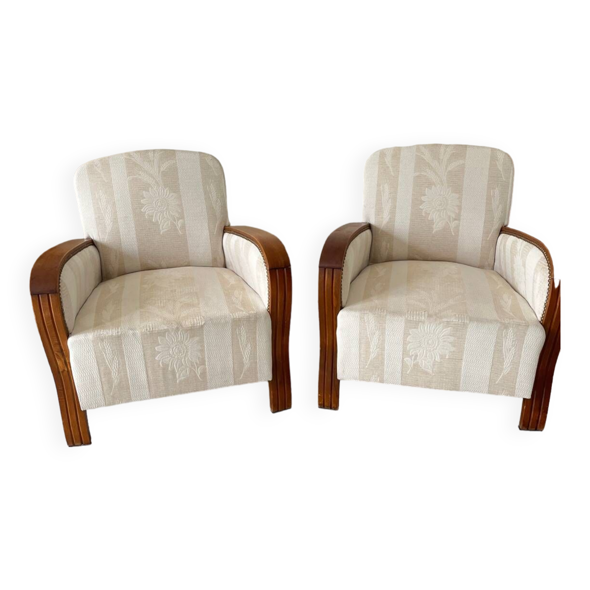 Pair of art deco armchairs in wood and floral fabric