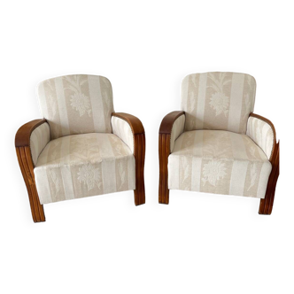 Pair of art deco armchairs in wood and floral fabric