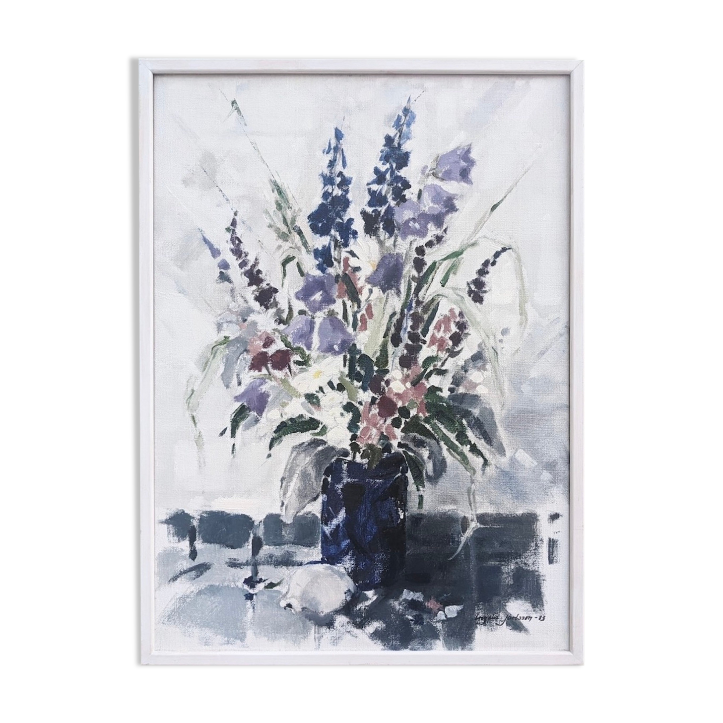 1983 Modern "Flowers & Shell" Swedish Floral Still Life Oil Painting, Framed