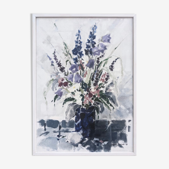 1983 Modern "Flowers & Shell" Swedish Floral Still Life Oil Painting, Framed