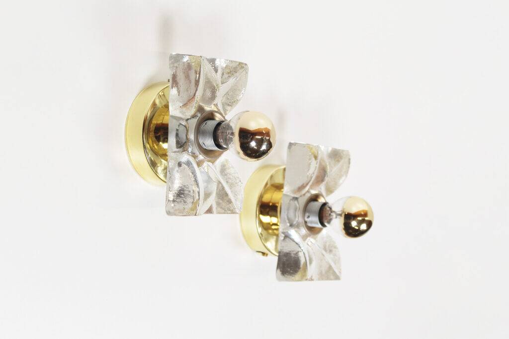 Set (2) of 1970s petite brass & glass wall lights by Sische