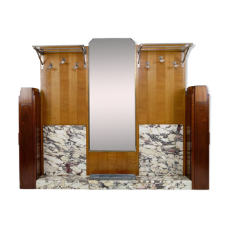 Large Art Deco wardrobe in oak, marble and mahogany, circa 1925