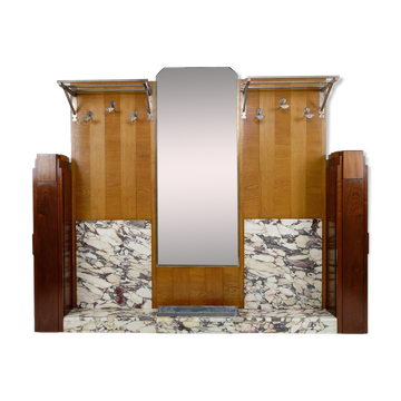 Large Art Deco wardrobe in oak, marble and mahogany, circa 1925