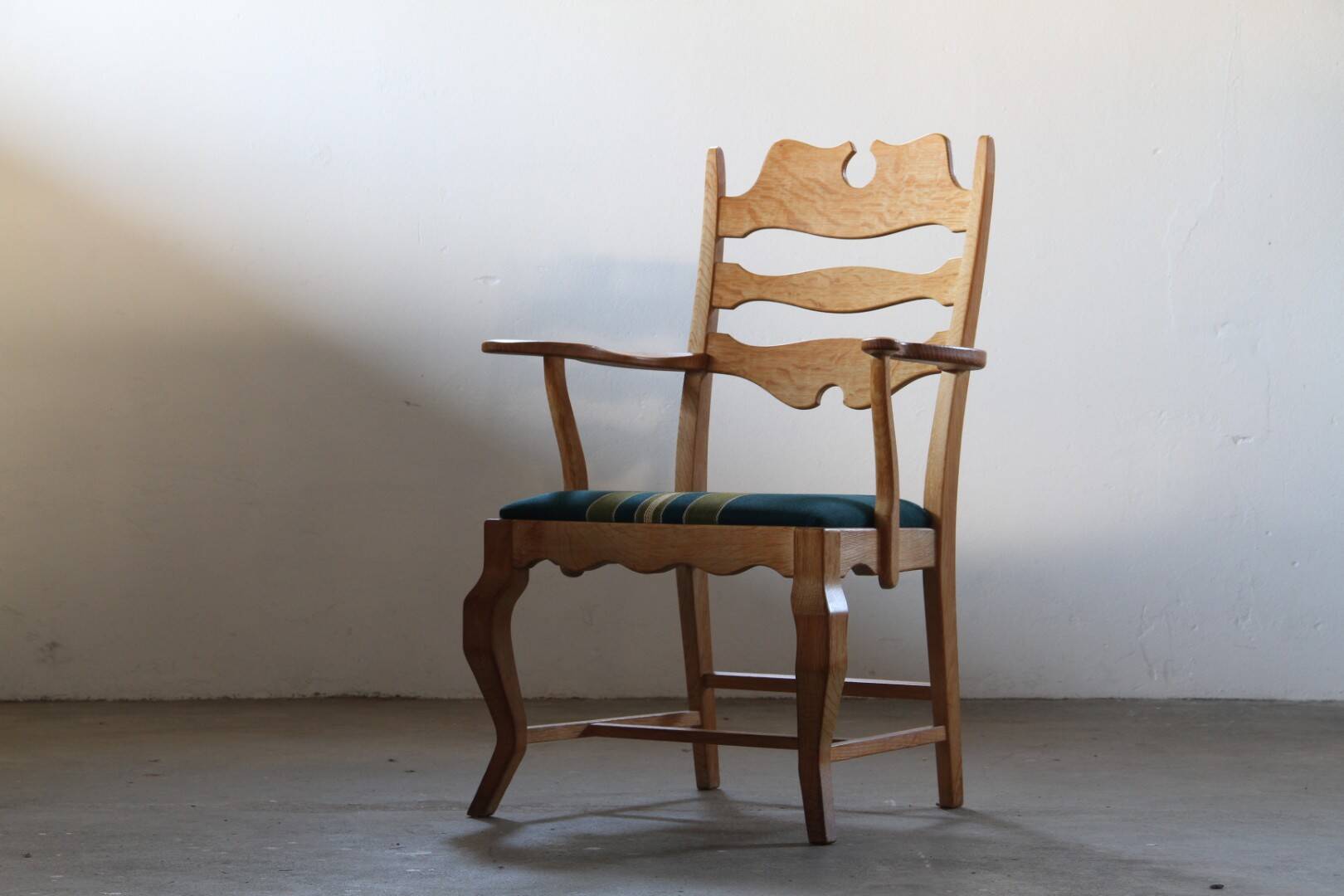 Vintage Brutalist Oak Razorblade Green Striped Armchair by H Kjærnulf, 1960