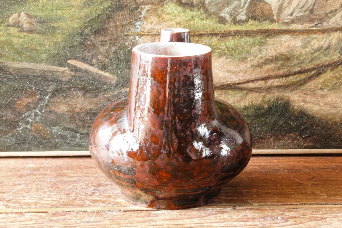 Raw double-neck vase, flame-formed ceramic, monogram JA, 1950s-60s.