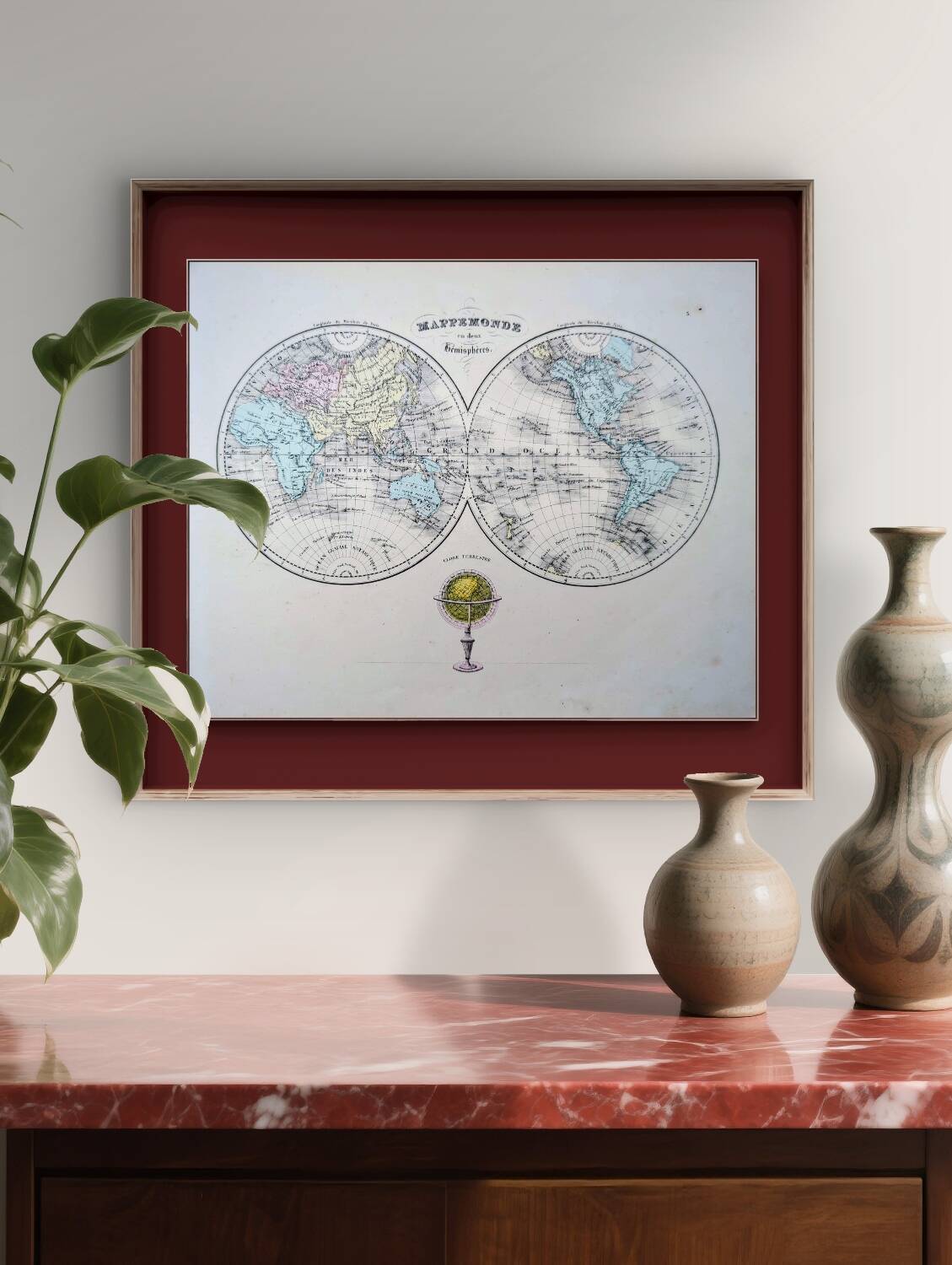 Antique world map, printed in 1852