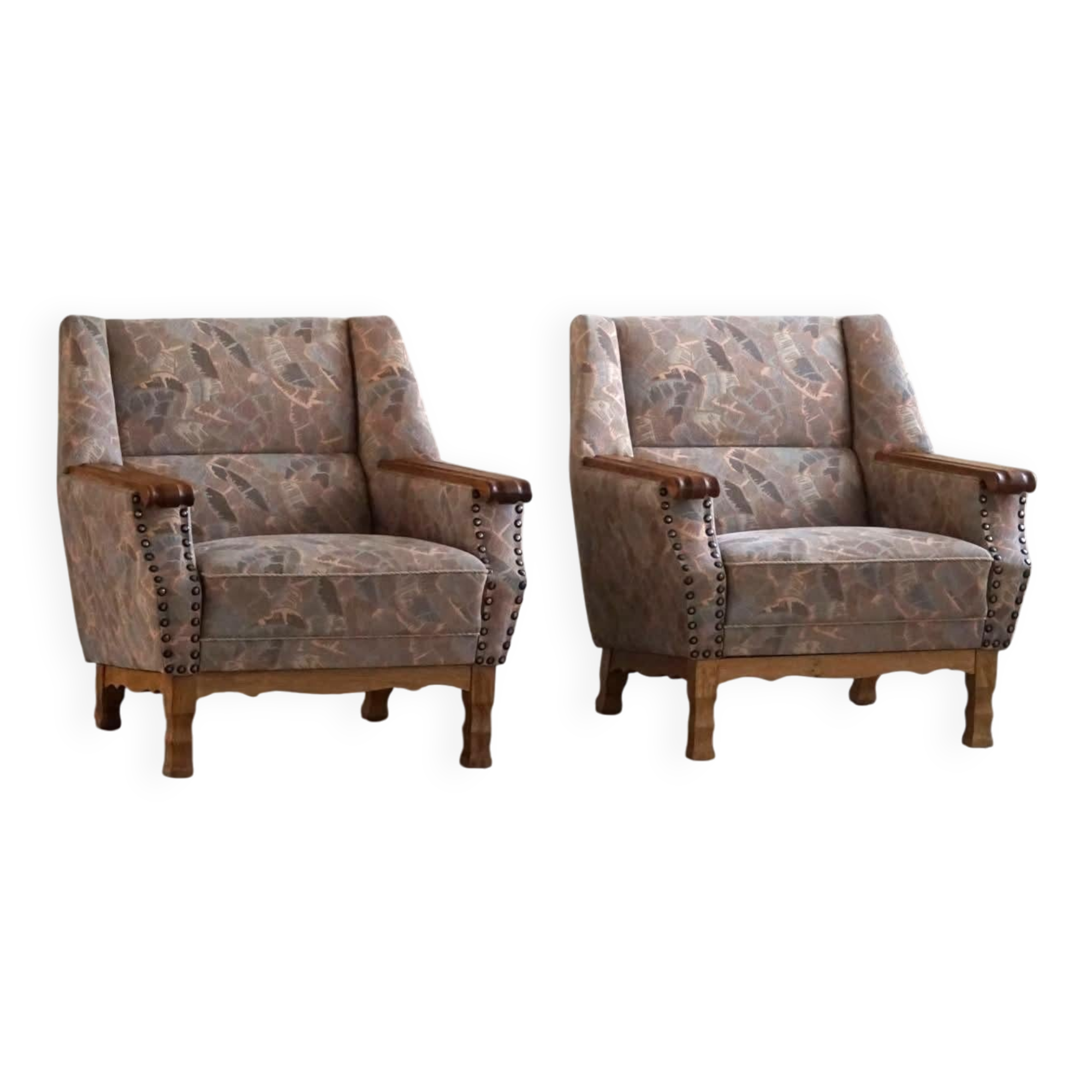 Mid-century modern Danish, pair of oak armchairs with original fabric, 1960s.